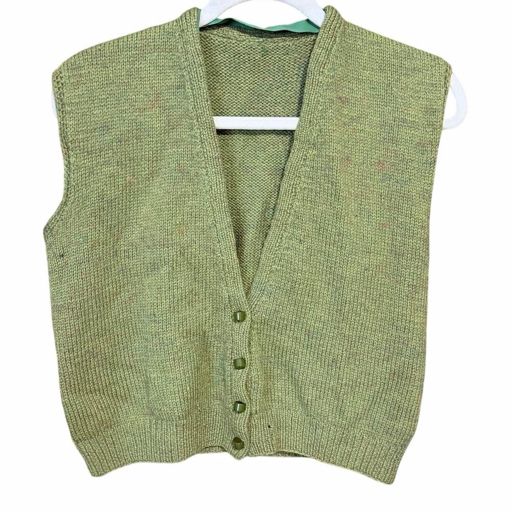 Handknit green grandpa sweater vest button front wool feel academia preppy